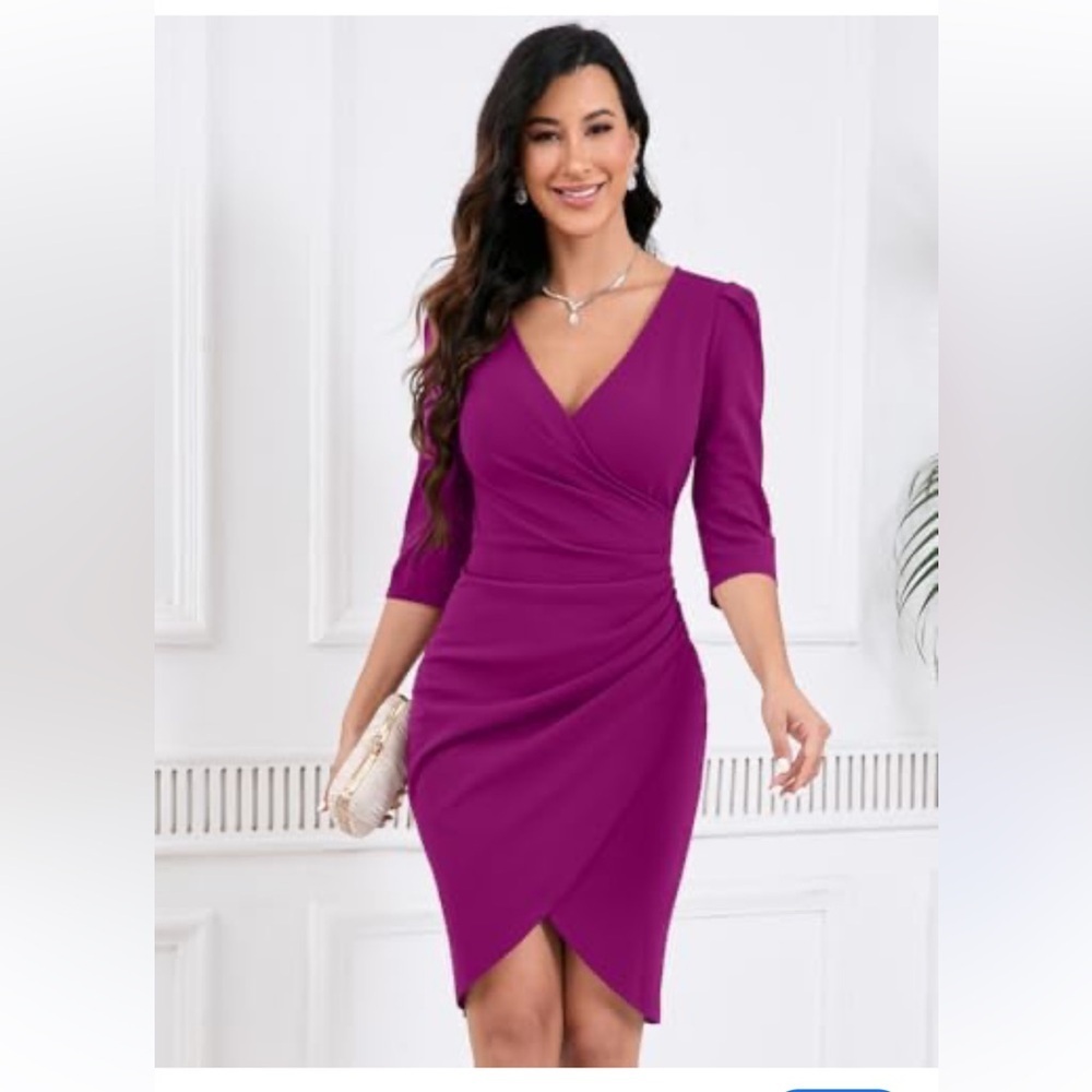 IHOT NWT V-Neck Faux Wrap Ruched Sheath Bodycon Dress SZ L